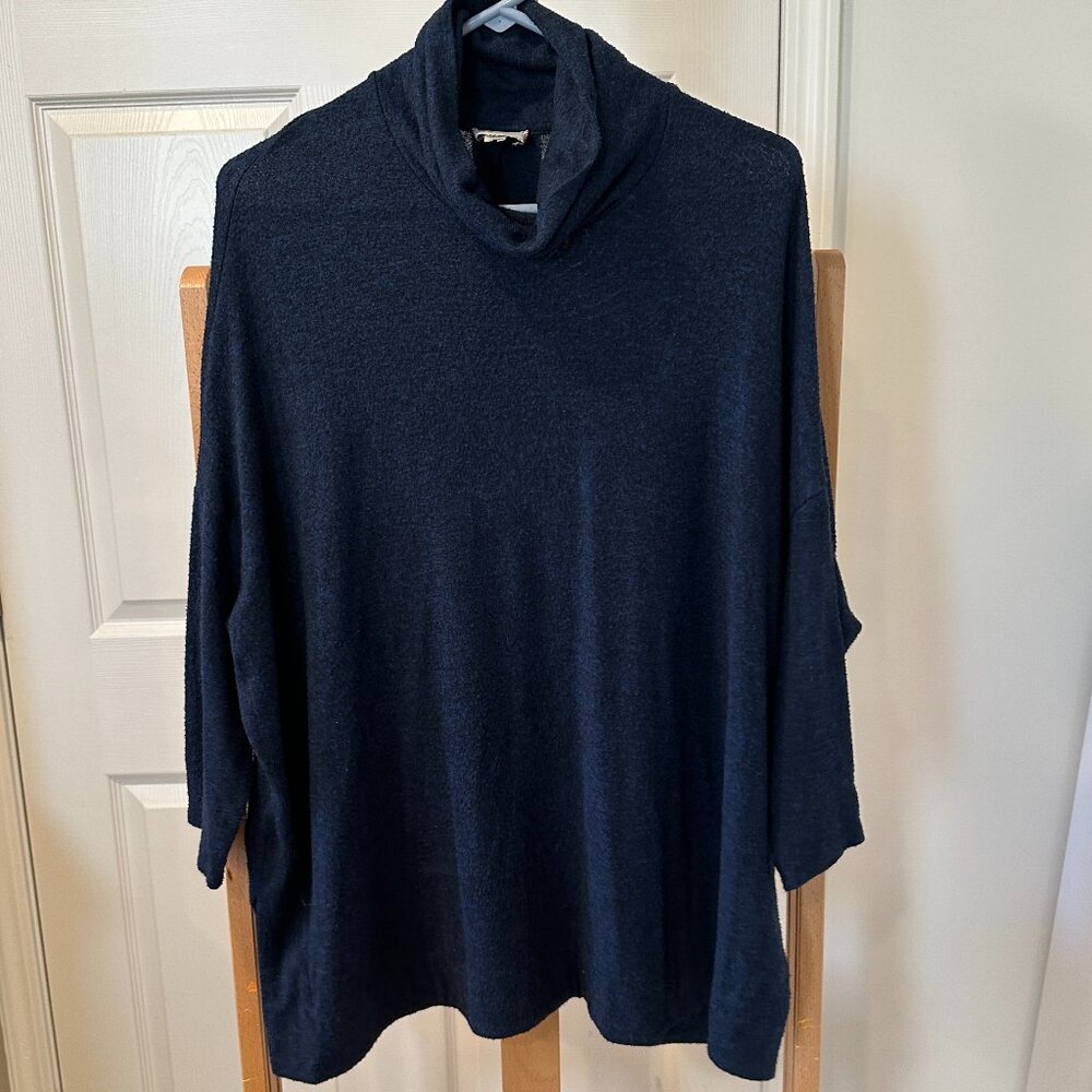 Heathered Navy Blue Cowl Neck Sweater Tunic Dolman Bat Wing Sleeves Medium GUC!